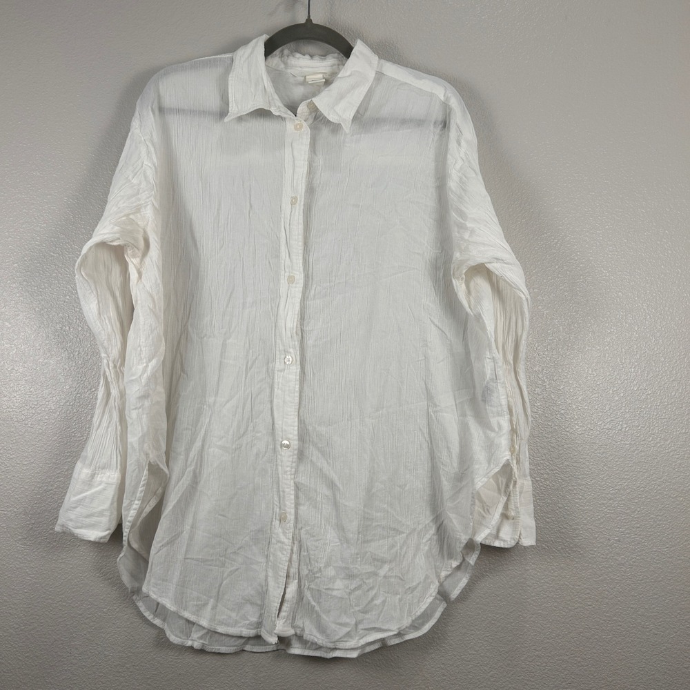 HM White Crinkle Gauze Cotton Button Down Shirt Long Sleeve Relaxed Size M